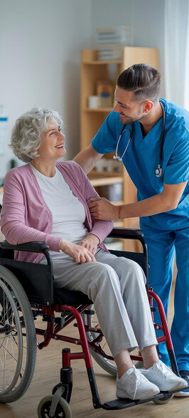 A nurse caring for an elderly patient in a wheelchair