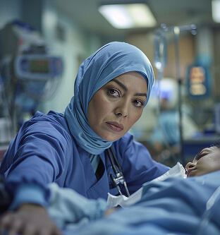 An ICU nurse caring for a patient